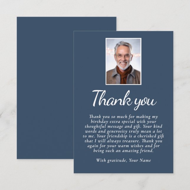 Elegant Simple Navy Blue Birthday Photo Thank You Card (Front/Back)