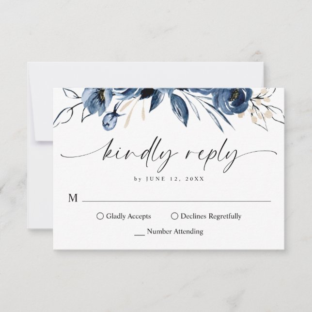 Elegant Simple Navy Blue Calligraphy Script RSVP Card (Front)