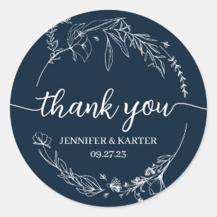Elegant Simple Navy Blue Floral Wreath Thank You Classic Round Sticker