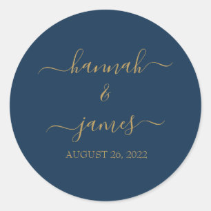 Elegant Simple Navy Blue  Gold Calligraphy Wedding Classic Round Sticker