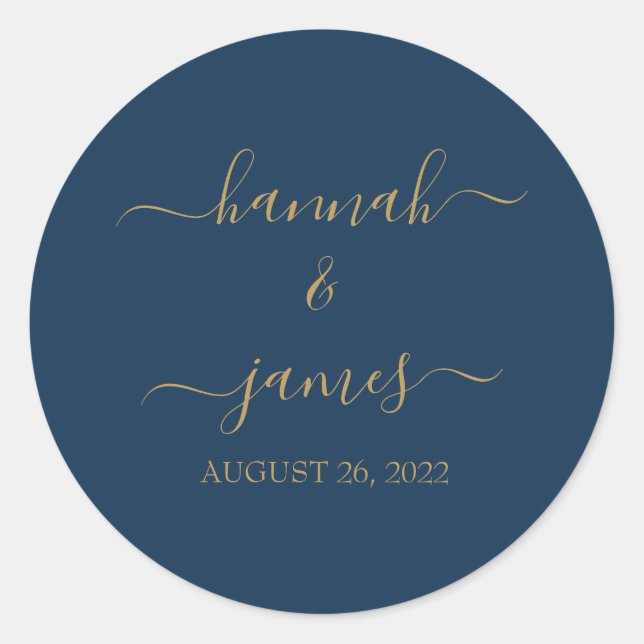 Elegant Simple Navy Blue  Gold Calligraphy Wedding Classic Round Sticker (Front)