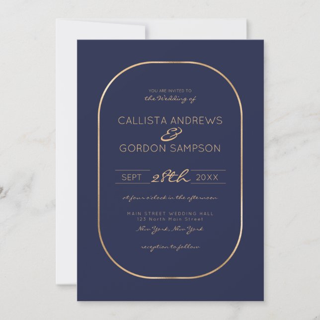 Elegant Simple Navy Blue Gold Oval Border Wedding Invitation (Front)