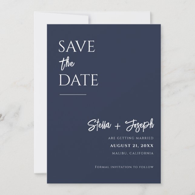 Elegant Simple Navy Blue Modern Chic Photo Wedding Save The Date (Front)