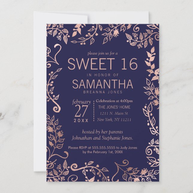 Elegant Simple Navy Blue Rose Gold Floral Sweet 16 Invitation (Front)