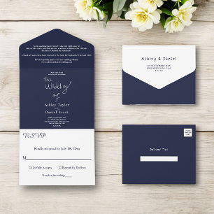 Elegant Simple Navy Blue White Modern Chic Wedding All In One Invitation
