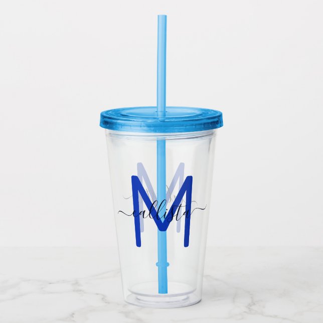 Elegant Simple Navy Blue White Monogram Acrylic Tumbler (Front)