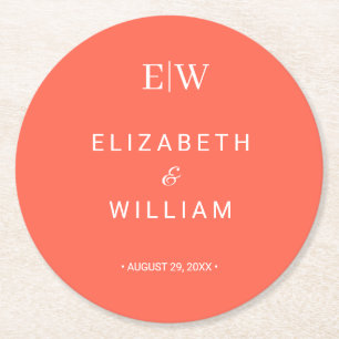 Elegant Simple Neon Flare with Monogram Wedding Round Paper Coaster