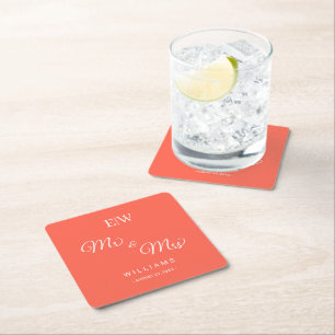 Elegant Simple Neon Flare with Monogram Wedding Square Paper Coaster