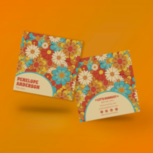 Elegant Simple Orange Blue Retro Groovy Floral  Square Business Card