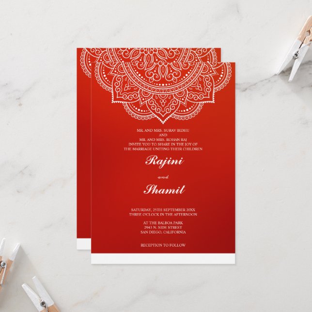 Elegant simple Orange Red Paisley Indian Hindu Invitation (Front/Back In Situ)