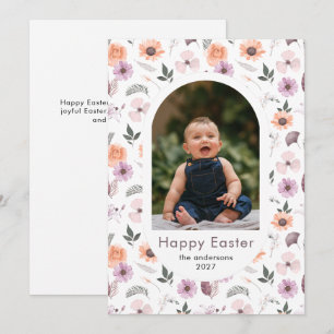 Elegant Simple Oval Floral Easter Family Photo Holiday Card