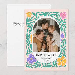 Elegant Simple Oval Floral Easter Family Photo Holiday Card