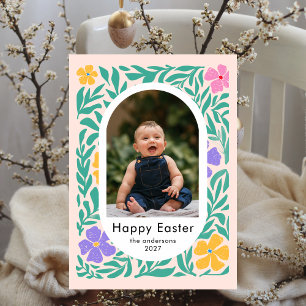 Elegant Simple Oval Floral Easter Family Photo Holiday Card
