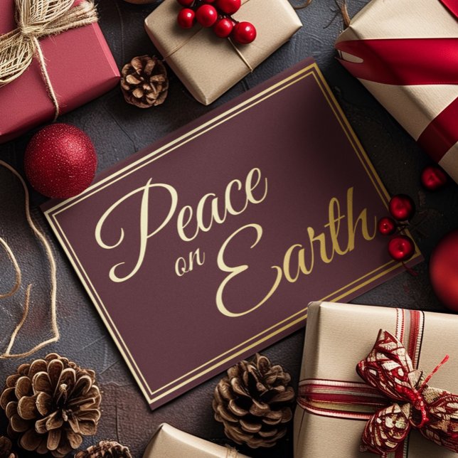 Elegant Simple Peace on Earth Burgundy Gold Foil Holiday Card (Creator Uploaded)