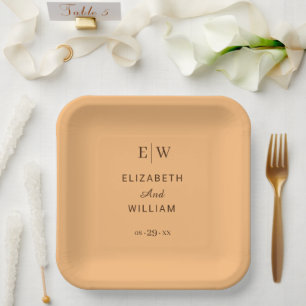 Elegant Simple Peach Monogram Wedding Paper Plate