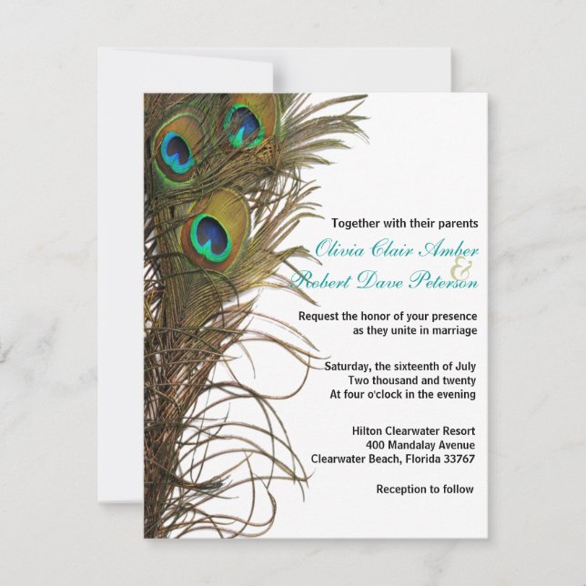 Elegant Simple Peacock Feathers Wedding Invitation (Front)