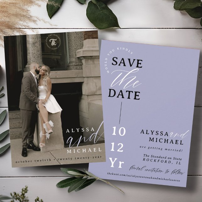 Elegant Simple Periwinkle Purple Photo Wedding Save The Date (Elegant modern photo typography script simple wedding save the date, black, white, periwinkle purple)