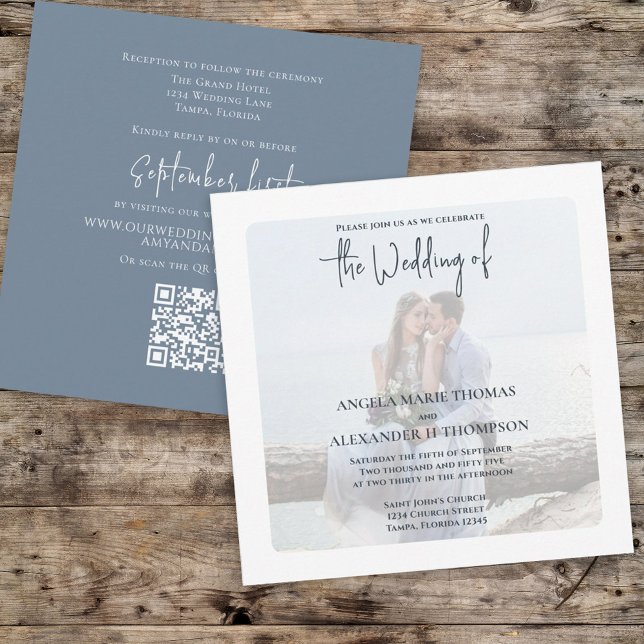 Elegant Simple Photo Dusty Blue QR Code RSVP Invitation (Creator Uploaded)
