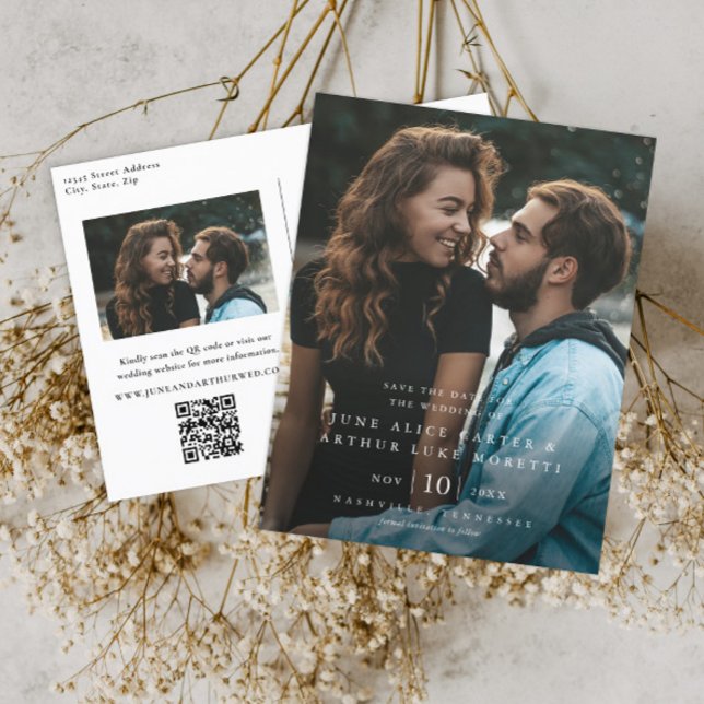 Elegant Simple Photo Wedding Save the Date Postcard (Simple typographic photo wedding save the date with QR Code postcard.)