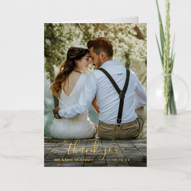 Elegant Simple Photo Wedding Thank You Gold Foil Greeting Card (Front)