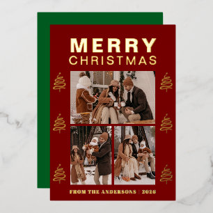 Elegant Simple Pine Tree Christmas Family 3 Photo Foil Holiday Card