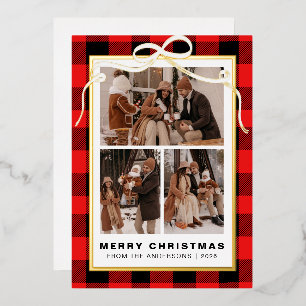 Elegant Simple Pine Tree Christmas Family 3 Photo Foil Holiday Card