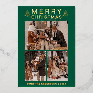 Elegant Simple Pine Tree Christmas Family 3 Photo Foil Holiday Card