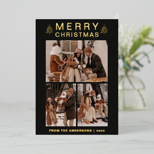 Elegant Simple Pine Tree Christmas Family 3 Photo Foil Holiday Card
