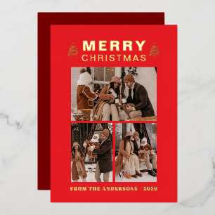 Elegant Simple Pine Tree Christmas Family 3 Photo Foil Holiday Card