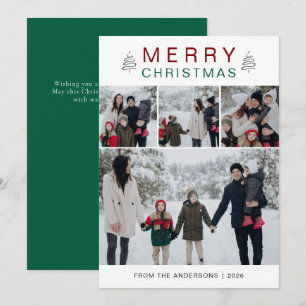 Elegant Simple Pine Tree Christmas Family 3 Photo Holiday Card