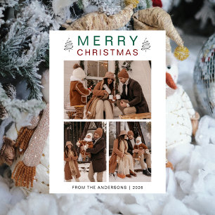 Elegant Simple Pine Tree Christmas Family 3 Photo Holiday Card