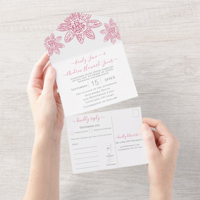 Elegant Simple Pink Floral Geometric Gold Frame  All In One Invitation (Tearaway)