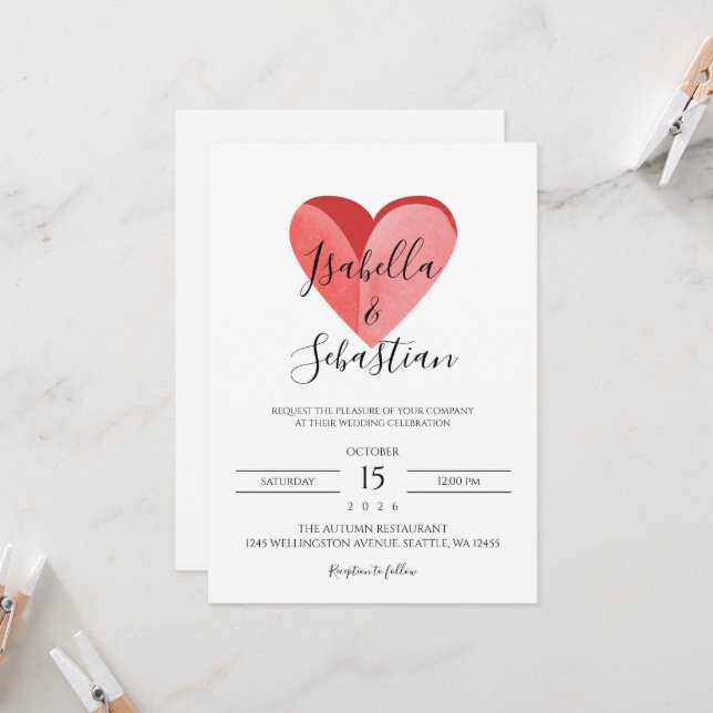 Elegant Simple Pink Heart Wedding Invitation (Front/Back In Situ)