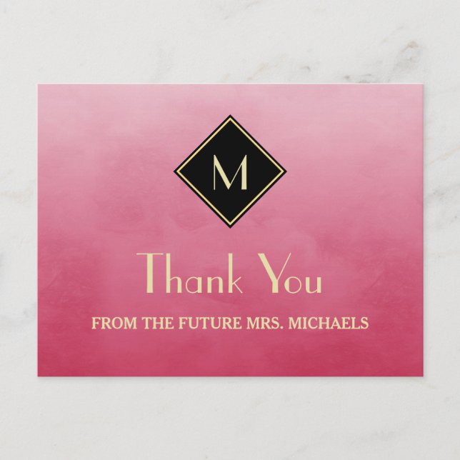 Elegant Simple Pink With Gold Monogram Thank You Postcard (Front)