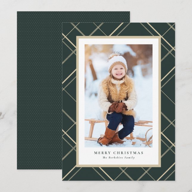 Elegant simple plaid one photo green Christmas Holiday Card (Front/Back)