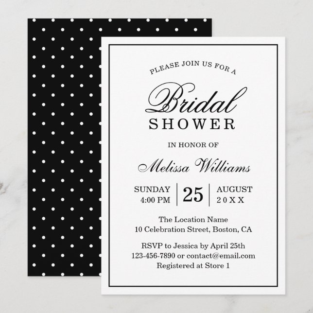 Elegant Simple Plain Black and White Bridal Shower Invitation (Front/Back)