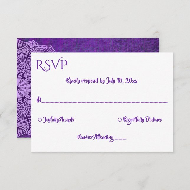 Elegant Simple Purple Calligraphy Mandala Wedding RSVP Card (Front/Back)