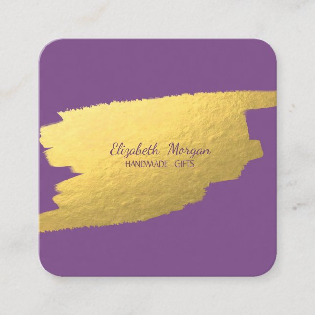 Elegant Simple Purple, Faux Gold Foil Brush Stroke Square Business Card (Front)