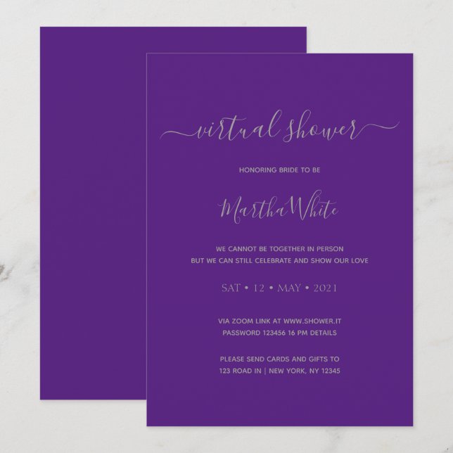 Elegant Simple Purple Silver Virtual Bridal Shower Invitation (Front/Back)