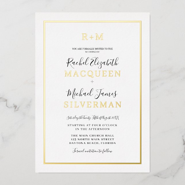 Elegant Simple Real Gold Border White Wedding (Front)