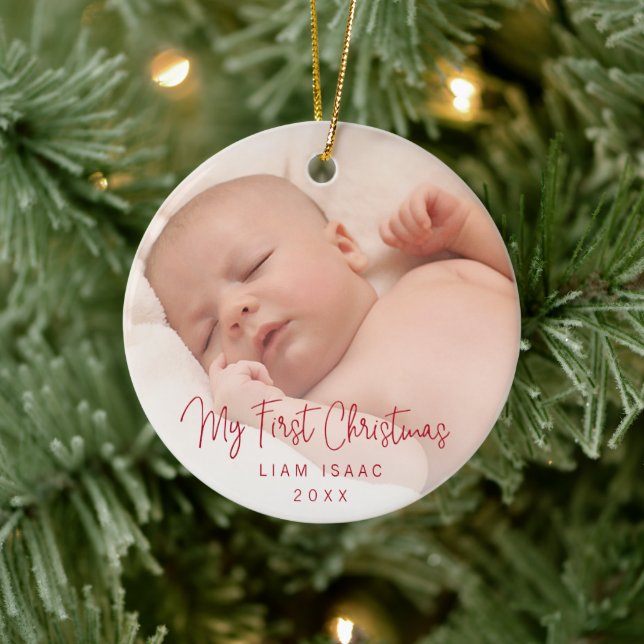 Elegant Simple Red Baby Photo My First Christmas Ceramic Tree Decoration (Tree)