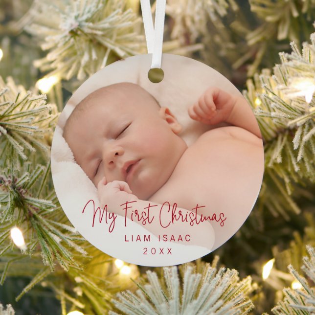 Elegant Simple Red Baby Photo My First Christmas Metal Tree Decoration (Insitu)