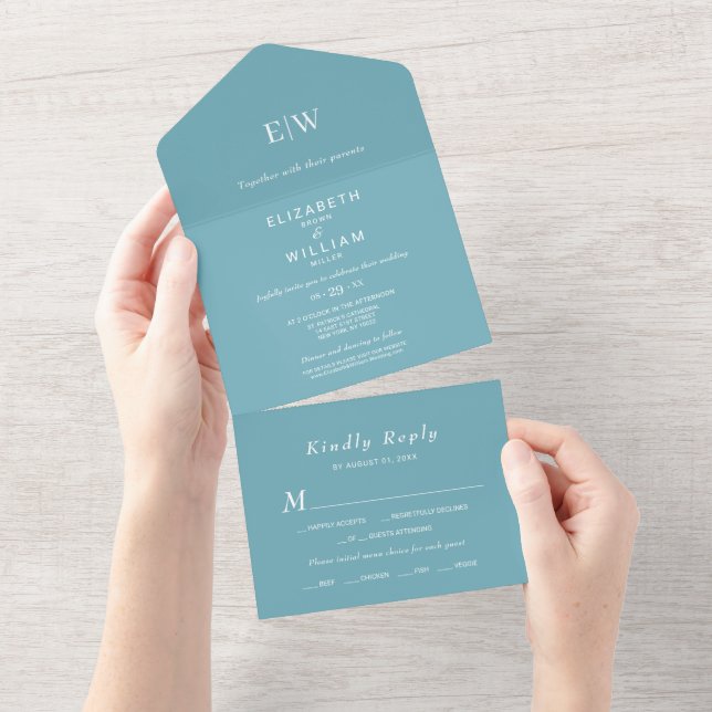 Elegant Simple Retro Blue with Monogram Wedding All In One Invitation (Tearaway)