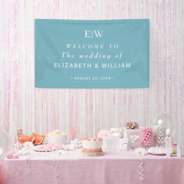 Elegant Simple Retro Blue with Monogram Wedding Banner (Party)