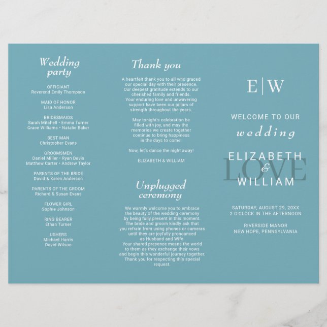 Elegant Simple Retro Blue with Monogram Wedding Flyer (Front)