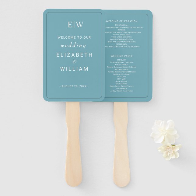 Elegant Simple Retro Blue with Monogram Wedding Hand Fan (Front and Back)