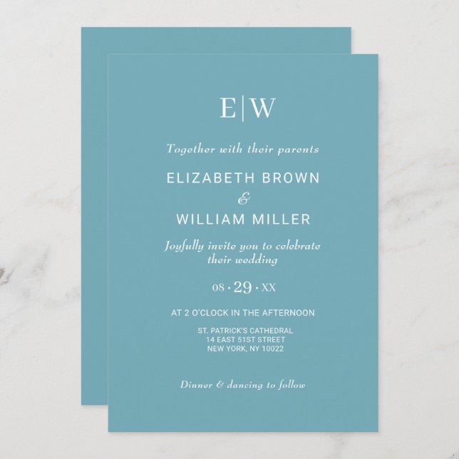 Elegant Simple Retro Blue with Monogram Wedding Invitation (Front/Back)