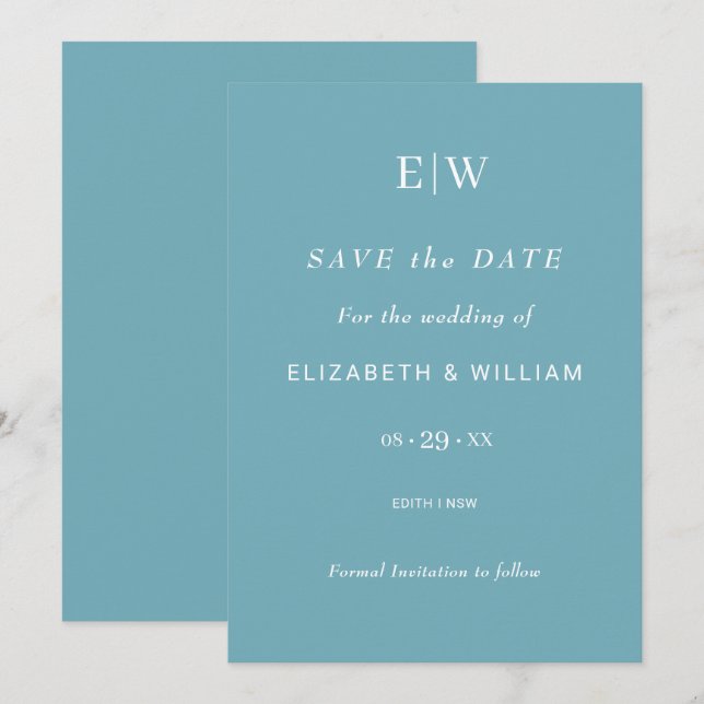 Elegant Simple Retro Blue with Monogram Wedding Save The Date (Front/Back)