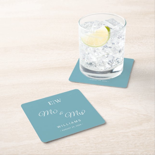 Elegant Simple Retro Blue with Monogram Wedding Square Paper Coaster (Insitu)