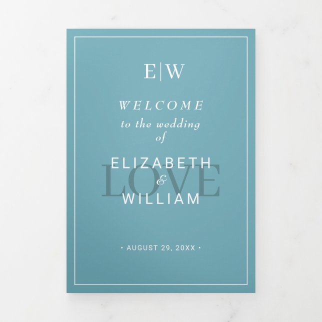 Elegant Simple Retro Blue with Monogram Wedding Tri-Fold Programme (Cover)